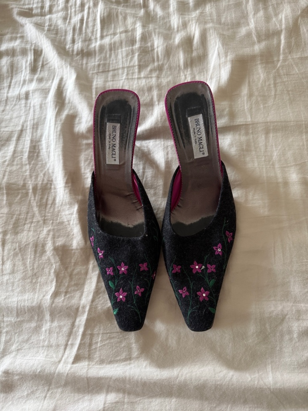 Bruno Magli Black Slip-On Mules with Pink Floral Embroidery